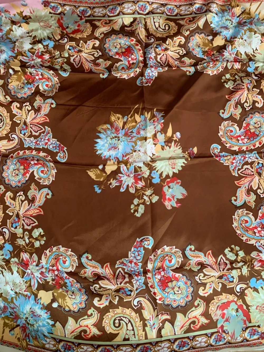 Burberry Brown Floral Paisley Silk Scarf with Blue Accents